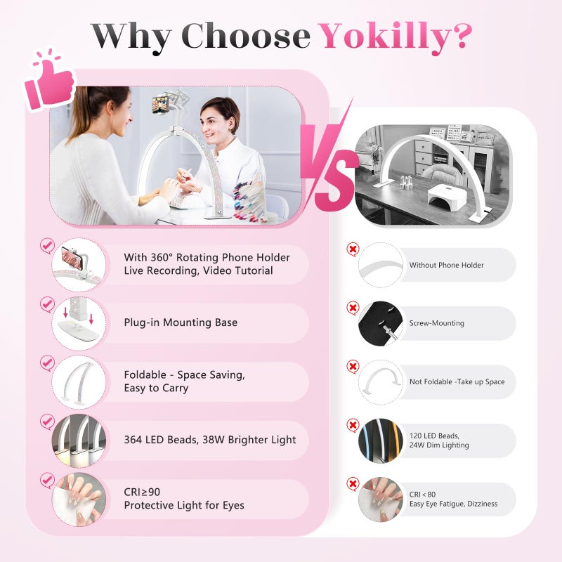 Yokilly Half Moon Light for Nail Desk: 29" Foldable Half Moon Desk Lamp with Phone Holder for Beginner - Arch Nail Tech Light with 3 Color Modes & 10 Brightness for Manicure Salon (Diamond, Large) - Image 2
