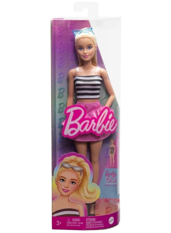 Barbie Fashionistas Doll #213, Blonde With Striped Top, Pink Skirt & Sunglasses, 65th Anniversary  - Image 1