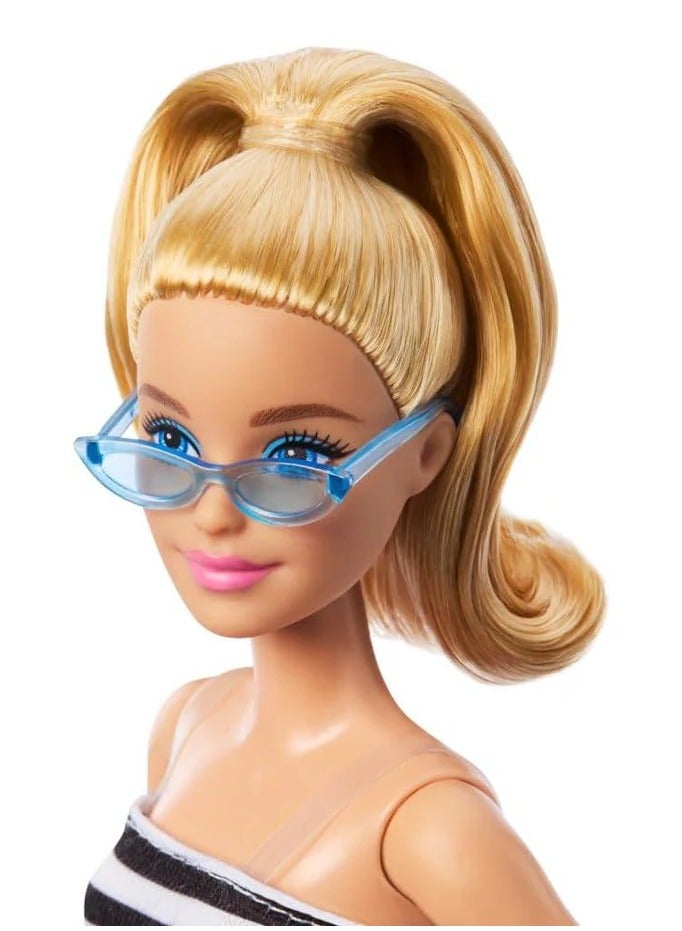 Barbie Fashionistas Doll #213, Blonde With Striped Top, Pink Skirt & Sunglasses, 65th Anniversary  - Image 4