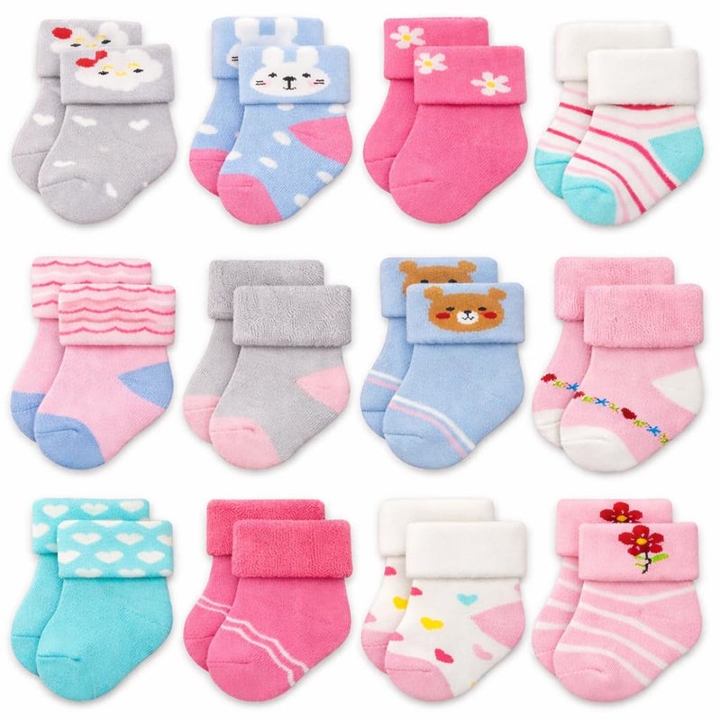 RATIVE Newborn Socks Thick Terry Turn Cuff Socks for Baby Girls (0-6 months, 12-pairs/BG12) - Image 1