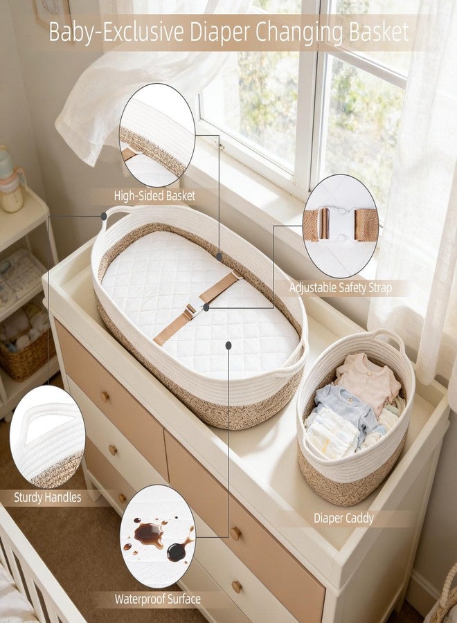 JVEOO Baby Changing Basket with Diaper Caddy Changing Pad, Breathable & Waterproof Dual-Cover Foldable Portable Travel Cotton Rope Baby Changing Mat for Dresser & Table - Image 2