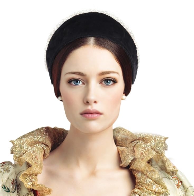 CZOFEK Anne Headband Pearl Tudor French Hood Gothic Renaissance Halloween Hair Accessory BlackB
