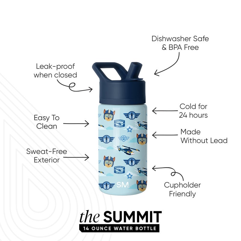 Simple Modern Kids Summit Water Bottle with Straw Lid | Paw Patrol 14oz Stainless Steel Cup Insulated Tumbler for Toddlers, School | Helicopter Chase - Image 2