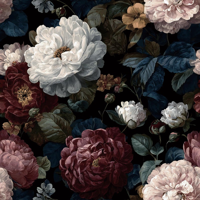 Guvana Dark Floral Peel and Stick Wallpaper Vintage Removable Self Adhesive Wall Paper for Bedroom Bathroom Pink/White/Red Peony Floral Contact Paper Dark Moody Wall Mural Wallpaper Roll 17.3"x78.7" - Image 1