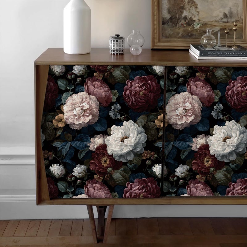 Guvana Dark Floral Peel and Stick Wallpaper Vintage Removable Self Adhesive Wall Paper for Bedroom Bathroom Pink/White/Red Peony Floral Contact Paper Dark Moody Wall Mural Wallpaper Roll 17.3"x78.7" - Image 2