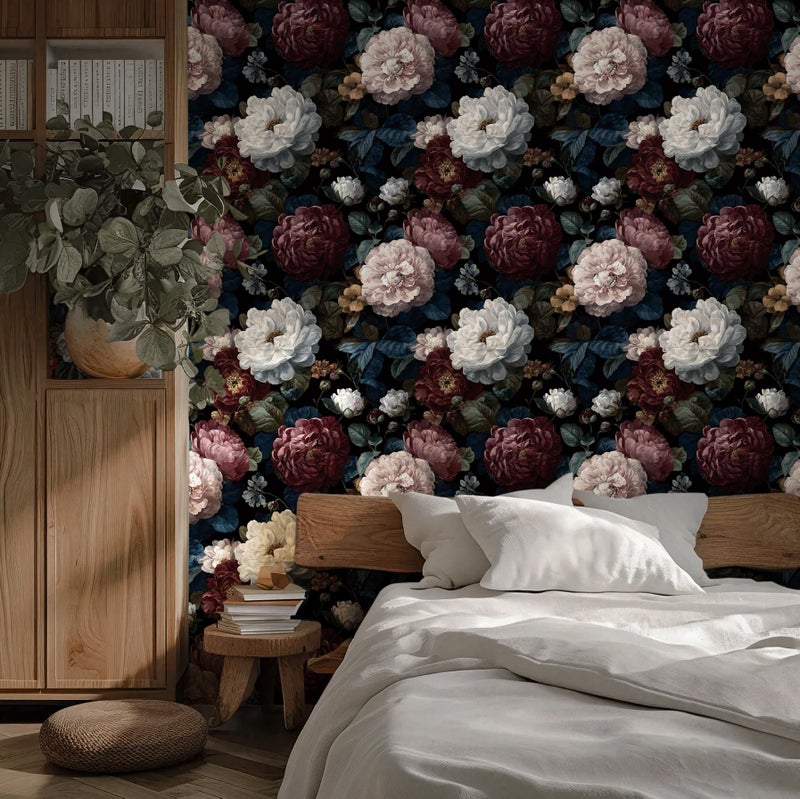 Guvana Dark Floral Peel and Stick Wallpaper Vintage Removable Self Adhesive Wall Paper for Bedroom Bathroom Pink/White/Red Peony Floral Contact Paper Dark Moody Wall Mural Wallpaper Roll 17.3"x78.7" - Image 3