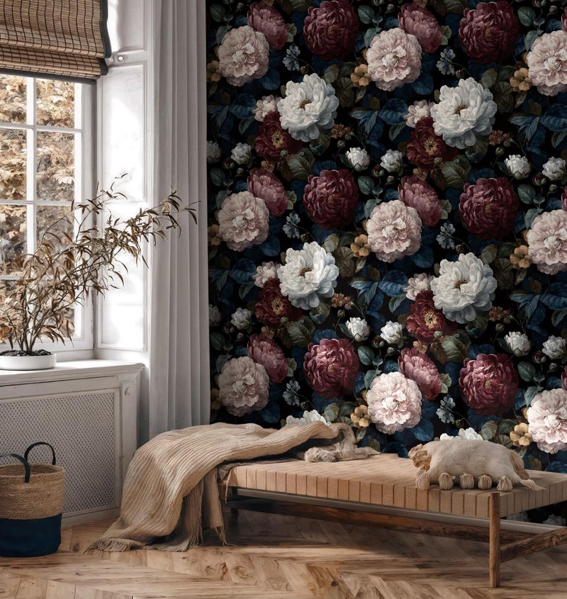 Guvana Dark Floral Peel and Stick Wallpaper Vintage Removable Self Adhesive Wall Paper for Bedroom Bathroom Pink/White/Red Peony Floral Contact Paper Dark Moody Wall Mural Wallpaper Roll 17.3"x78.7" - Image 5