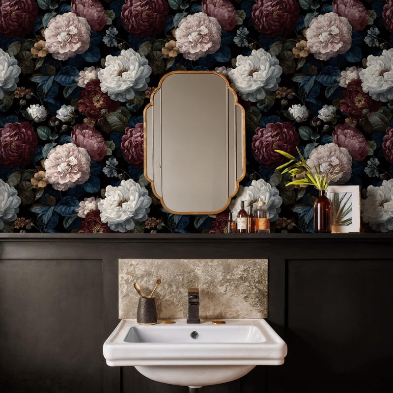 Guvana Dark Floral Peel and Stick Wallpaper Vintage Removable Self Adhesive Wall Paper for Bedroom Bathroom Pink/White/Red Peony Floral Contact Paper Dark Moody Wall Mural Wallpaper Roll 17.3"x78.7" - Image 4