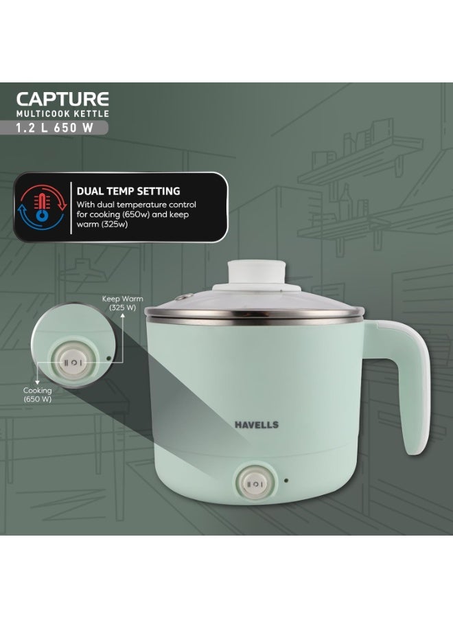 هافلز Havells Capture 1.2 L Multi-Cook Electric Kettle with Steamer | 650W |304 Stainless Steel Inner Body|Cooks Noodles, Rice, Milk | Cool-Touch Body | 2 Years Door Step Warranty by Havells (Green) - Image 3