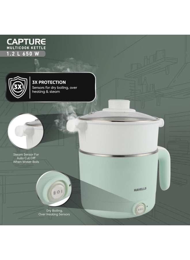 هافلز Havells Capture 1.2 L Multi-Cook Electric Kettle with Steamer | 650W |304 Stainless Steel Inner Body|Cooks Noodles, Rice, Milk | Cool-Touch Body | 2 Years Door Step Warranty by Havells (Green) - Image 2