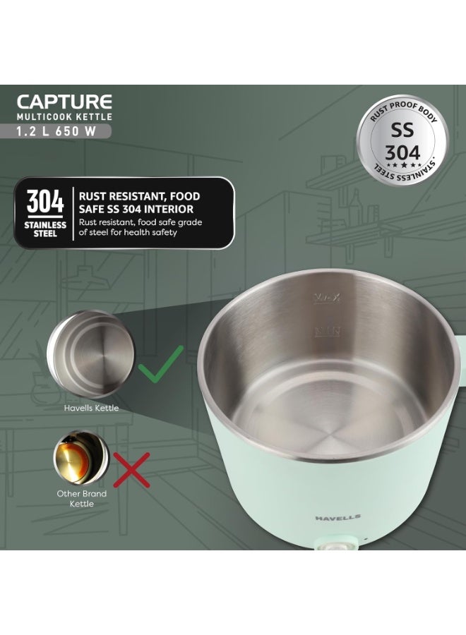 هافلز Havells Capture 1.2 L Multi-Cook Electric Kettle with Steamer | 650W |304 Stainless Steel Inner Body|Cooks Noodles, Rice, Milk | Cool-Touch Body | 2 Years Door Step Warranty by Havells (Green) - Image 5