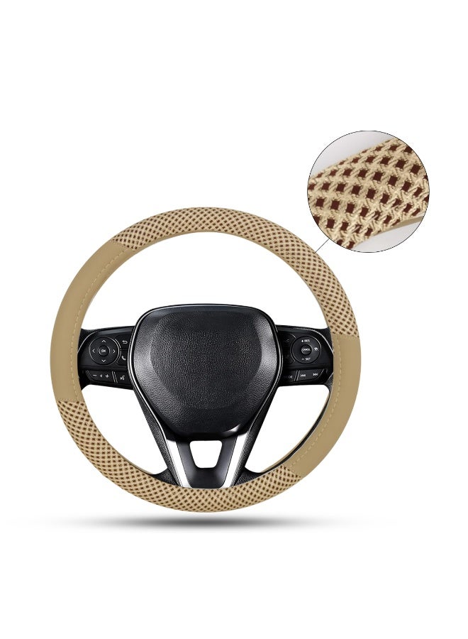 غطاء عجلة قيادة من الجلد الفاخر، ملائم عالميًا، قبضة مريحة، حماية من أربعة فصول، مضاد للانزلاق، سهل التركيب، مبطن ناعم لراحة فاخرة - بيج بتصميم شبكي متين، موديل 71901 - Image 5
