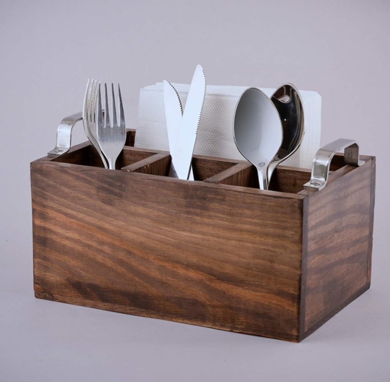 Wooden Utensil Cutlery Holder Caddy Flatware and Silverware Organizer Spoons, Forks, Knifes and Napkin Supplies 9x6x5 inches (Design 7)