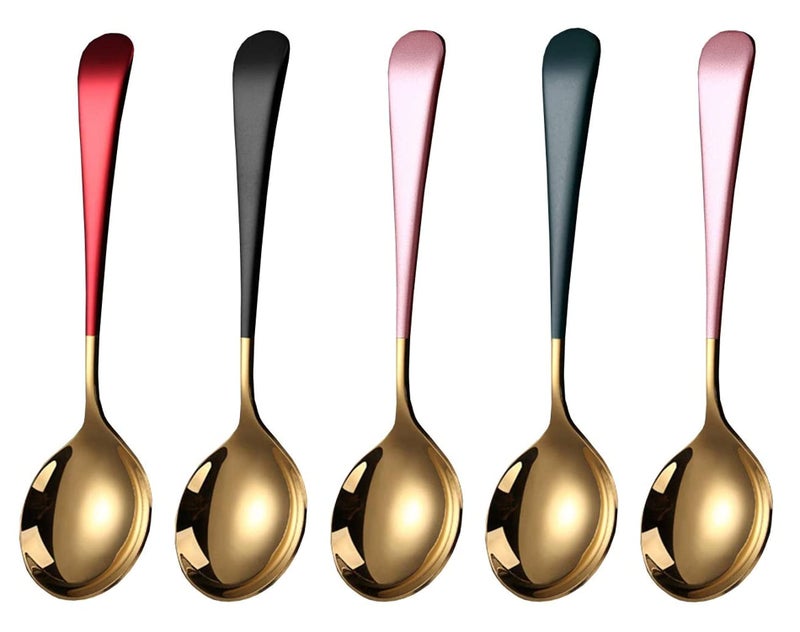 Leeonz® Soup Spoons Stainless Steel, 18/10 Round Head Soup Spoons, Modern Thick Short Handle Stainless Steel Korean Spoon, Dinner Metal Spoons for Soup, Grain,Dessert,Milk,Tea,Coffee, 7.3 Inch (5PCS) - Image 1