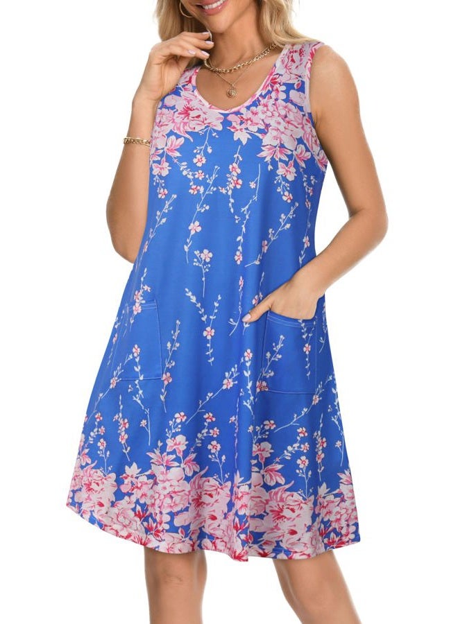 elescat Womens Summer Dresses Casual V Neck Sleeveless Pockets Beach Loose Tank Sundress, Blue Pink Floral, L - Image 5