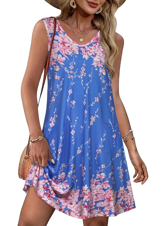 elescat Womens Summer Dresses Casual V Neck Sleeveless Pockets Beach Loose Tank Sundress, Blue Pink Floral, L - Image 1