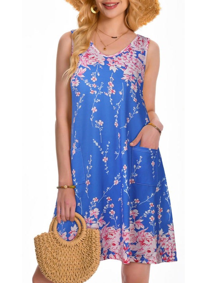 elescat Womens Summer Dresses Casual V Neck Sleeveless Pockets Beach Loose Tank Sundress, Blue Pink Floral, L - Image 3