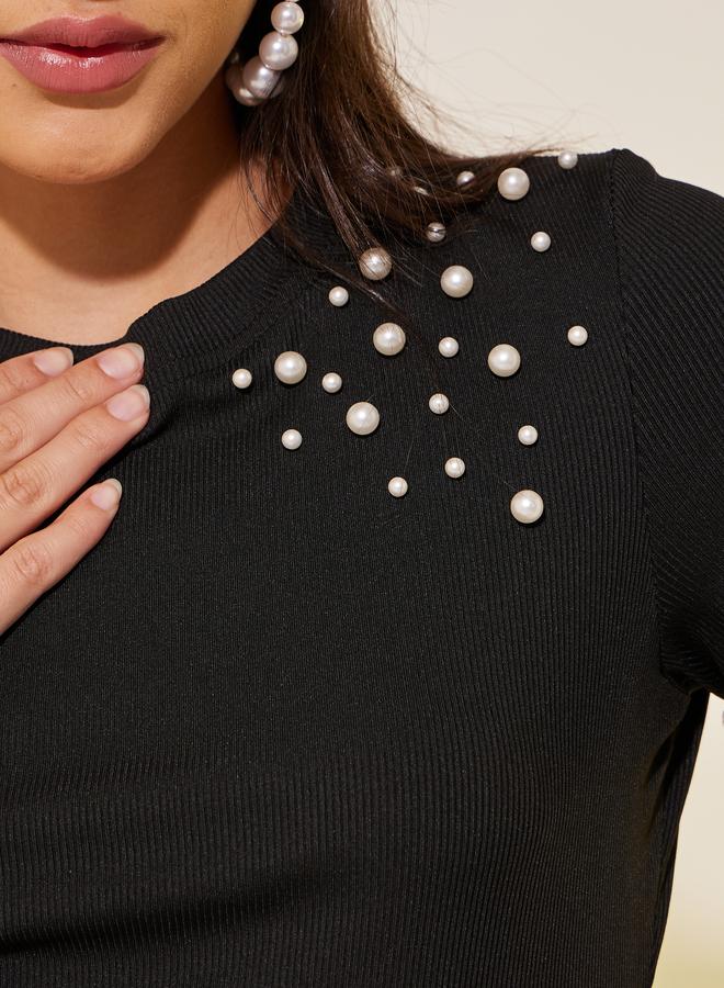 Take Two Take Two Faux Pearl Detail Round Neck Regular Fit T-Shirt  - Image 4