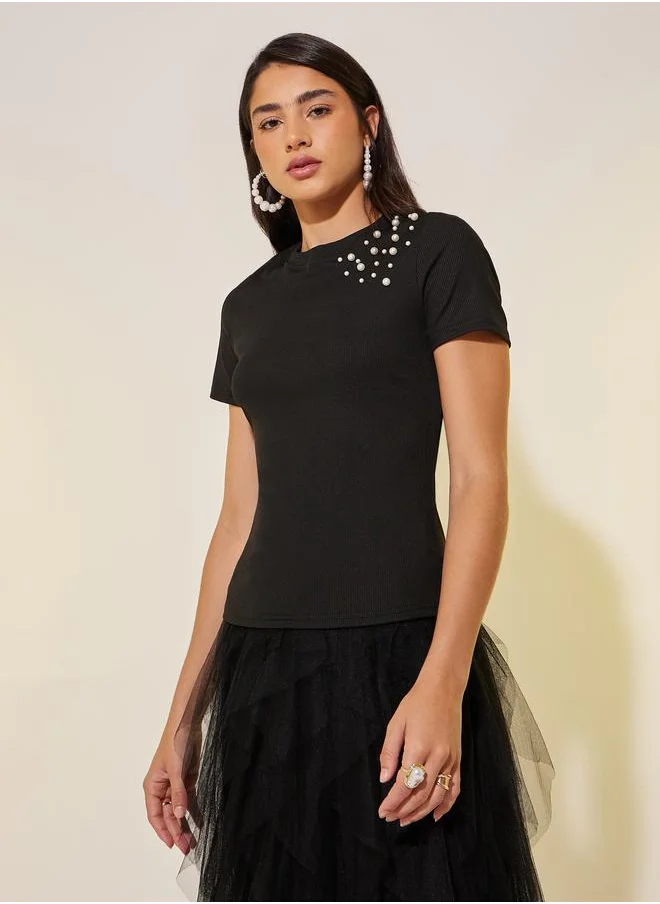 تايك تو Take Two Faux Pearl Detail Round Neck Regular Fit T-Shirt