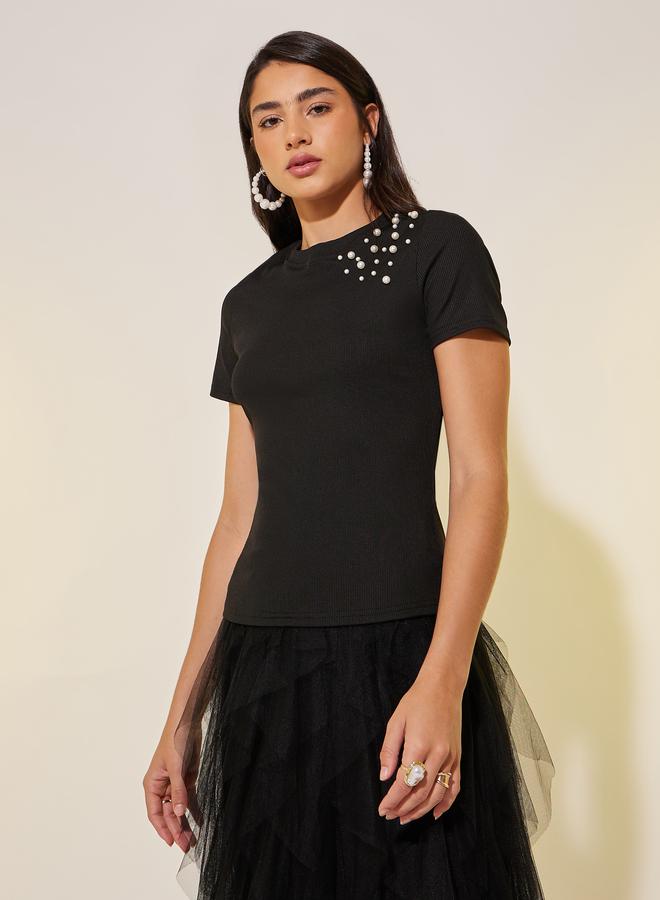 Take Two Take Two Faux Pearl Detail Round Neck Regular Fit T-Shirt  - Image 2