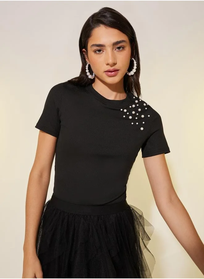 تايك تو Take Two Faux Pearl Detail Round Neck Regular Fit T-Shirt