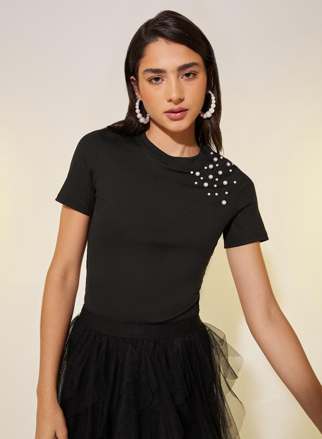 Take Two Take Two Faux Pearl Detail Round Neck Regular Fit T-Shirt  - Image 1