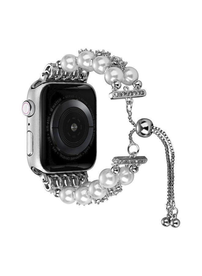 Generic - For Apple Watch Apple Watch Double Row Pearl Agate With Fine Diamond Telescopic Chain Iwatch S8 Strap-Color:Agate Pink 38/40/41mm - Image 1