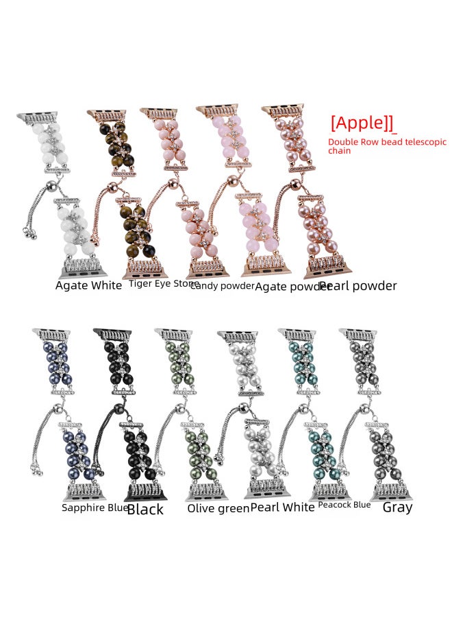 Generic - For Apple Watch Apple Watch Double Row Pearl Agate With Fine Diamond Telescopic Chain Iwatch S8 Strap-Color:Agate Pink 38/40/41mm - Image 1