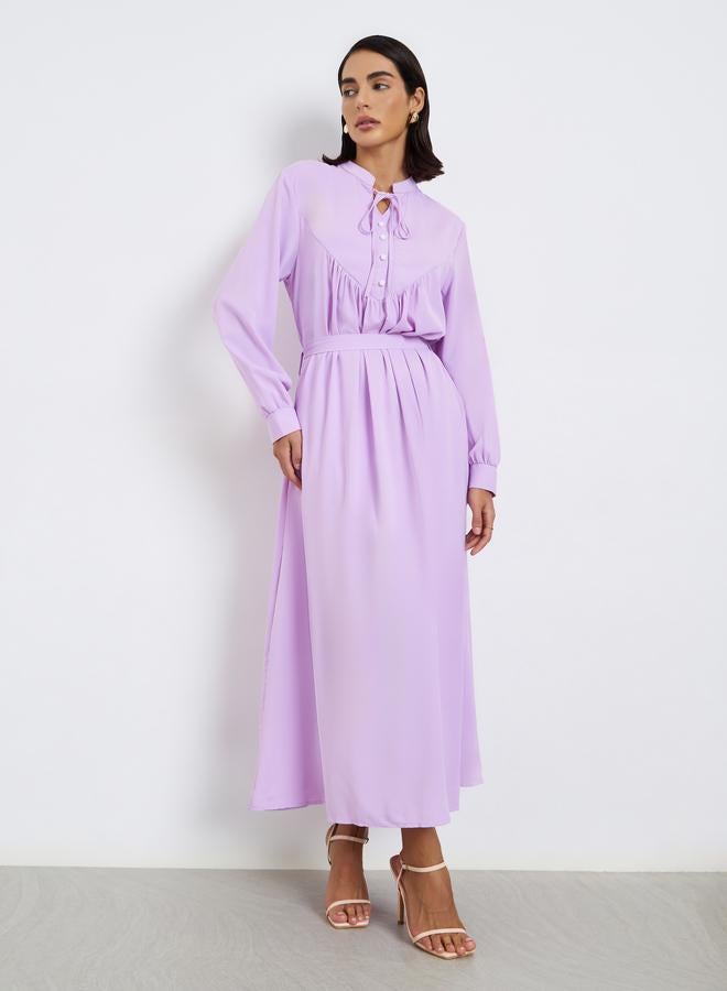 Styli Lilac Stand Collar Maxi Dress with Tie Belt - Image 3