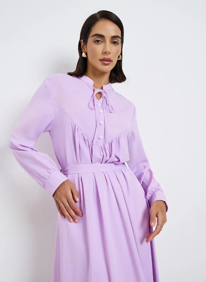 Styli Lilac Stand Collar Maxi Dress with Tie Belt