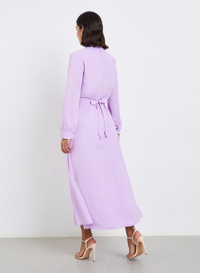 Styli Lilac Stand Collar Maxi Dress with Tie Belt - Image 5