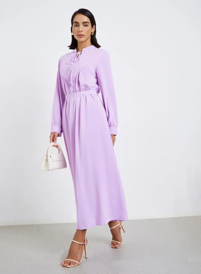Styli Lilac Stand Collar Maxi Dress with Tie Belt