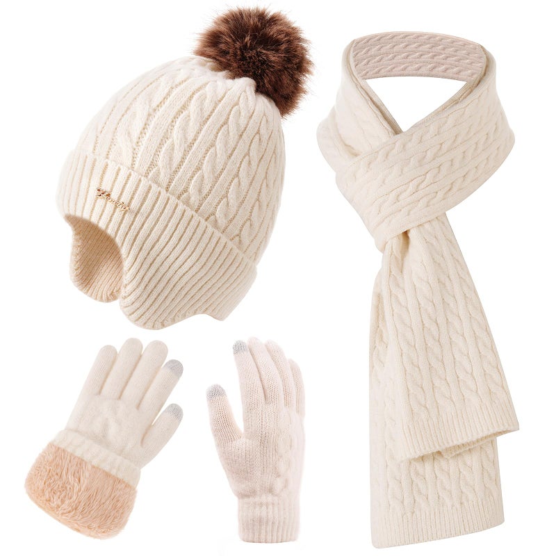 FENELY Womens Winter Beanie Hat Scarf and Gloves Set Earflap Girls Beige Earmuffs Cable Beanies with Pompom Knitted Scarf Touch Screen Gloves Sets Ladies Black Knit Thick Warm Soft Fleece Lined Thermal Cap - Image 1
