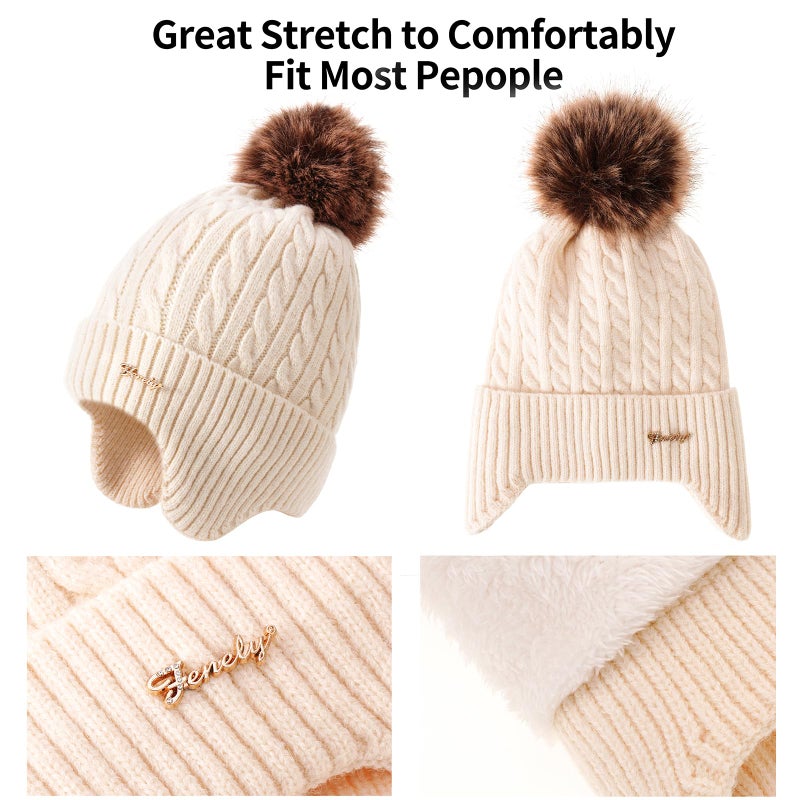 FENELY Womens Winter Beanie Hat Scarf and Gloves Set Earflap Girls Beige Earmuffs Cable Beanies with Pompom Knitted Scarf Touch Screen Gloves Sets Ladies Black Knit Thick Warm Soft Fleece Lined Thermal Cap - Image 2