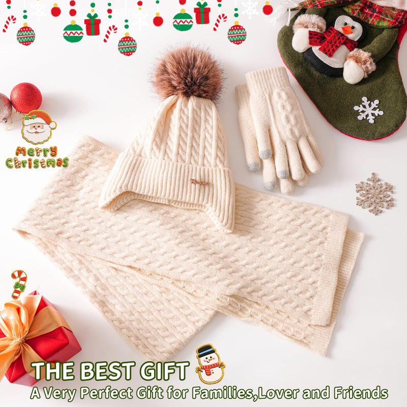 FENELY Womens Winter Beanie Hat Scarf and Gloves Set Earflap Girls Beige Earmuffs Cable Beanies with Pompom Knitted Scarf Touch Screen Gloves Sets Ladies Black Knit Thick Warm Soft Fleece Lined Thermal Cap - Image 5
