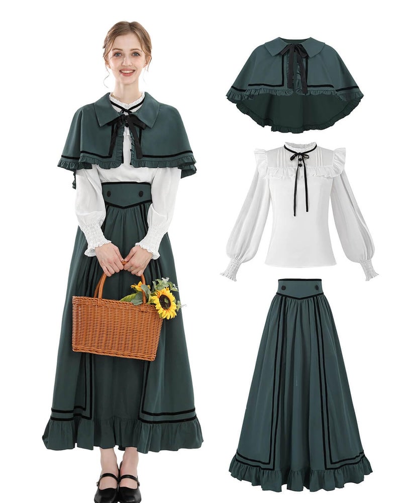 Nuoqi Edwardian Dress for Women Victorian Dress 3PC 1800s Cape Civil War Costume Green XL - Image 2