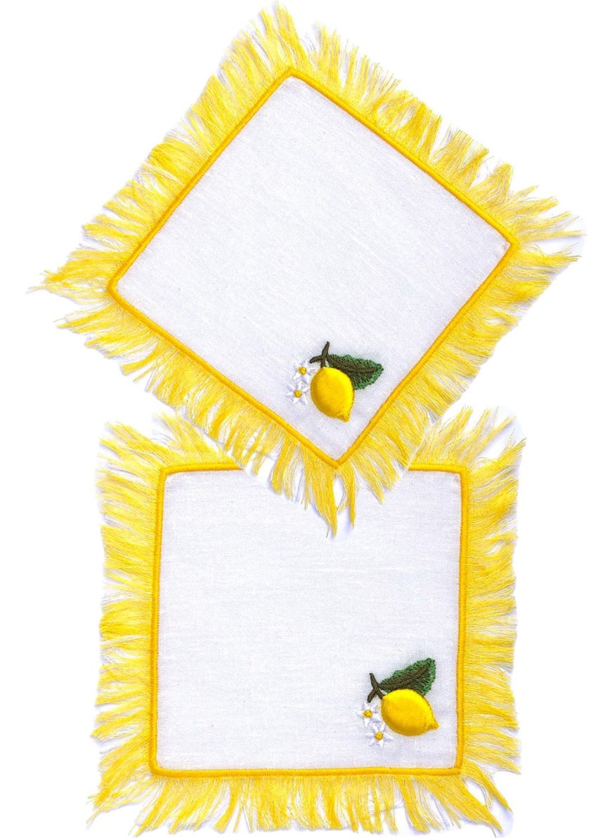 Ge Living Decorative Lemon Patterned Tasseled Linen Cocktail Napkin - 2 Pieces  - Image 1