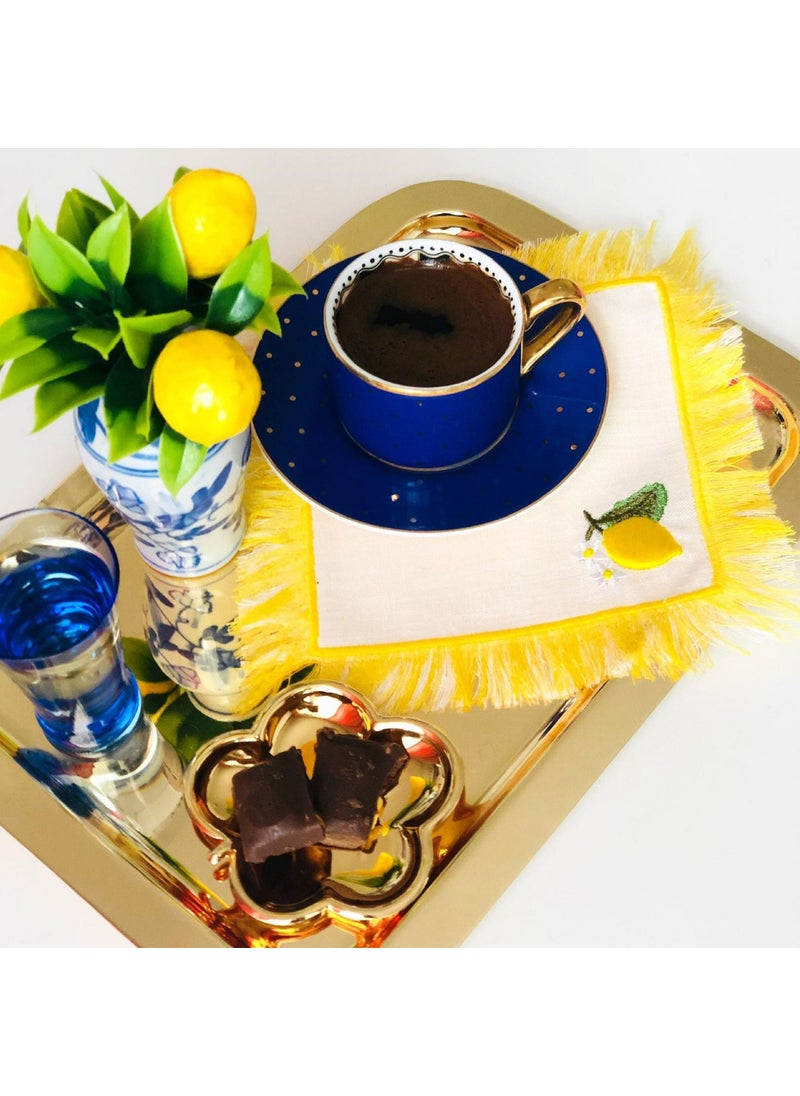 Ge Living Decorative Lemon Patterned Tasseled Linen Cocktail Napkin - 2 Pieces  - Image 2
