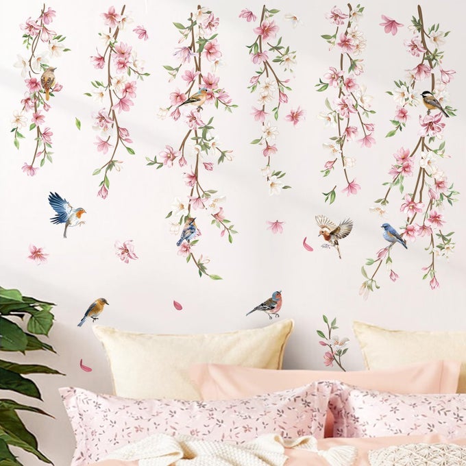 HANGING FLOWER VINE WALL DECALS PINK FLORAL LEAVES BIRDS WALL STICKERS BEDROOM LIVING ROOM SOFA TV BACKGROUND WALL DECOR