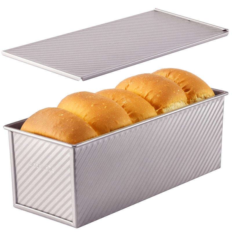 CHEFMADE Commercial Pullman Loaf Pan with Lid 22Lb Dough Capacity NonStick Rectangle Corrugated Carbon Steel Bread Toast Mold with Cover for Baking Bread Champagne Gold