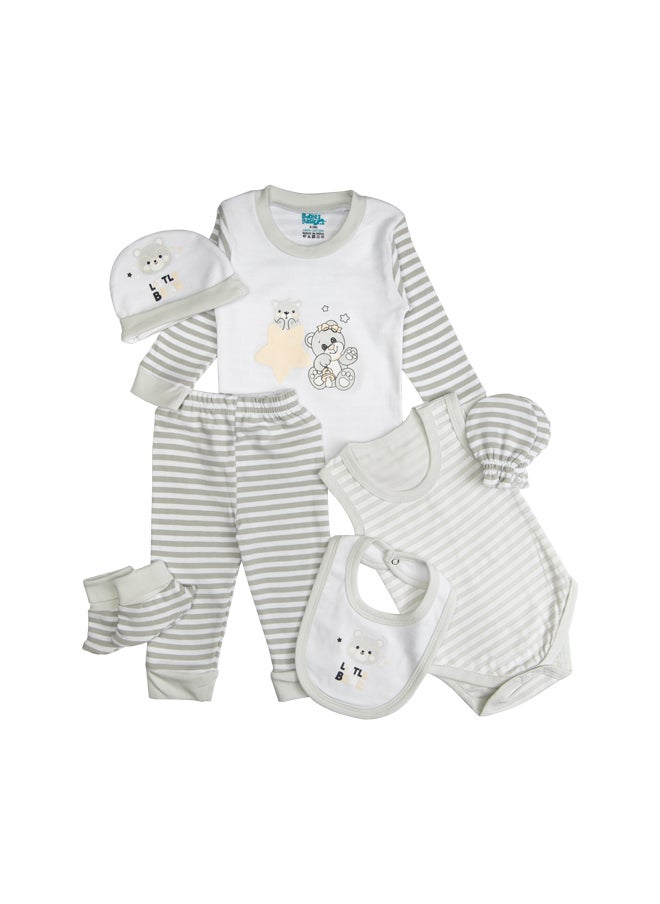 Babies Basic - 7 Piece Unisex 100% Cotton Set Include Bib, Socks, Mitten, Cap, Romper, Top And Bottom Set, Grey - Image 1