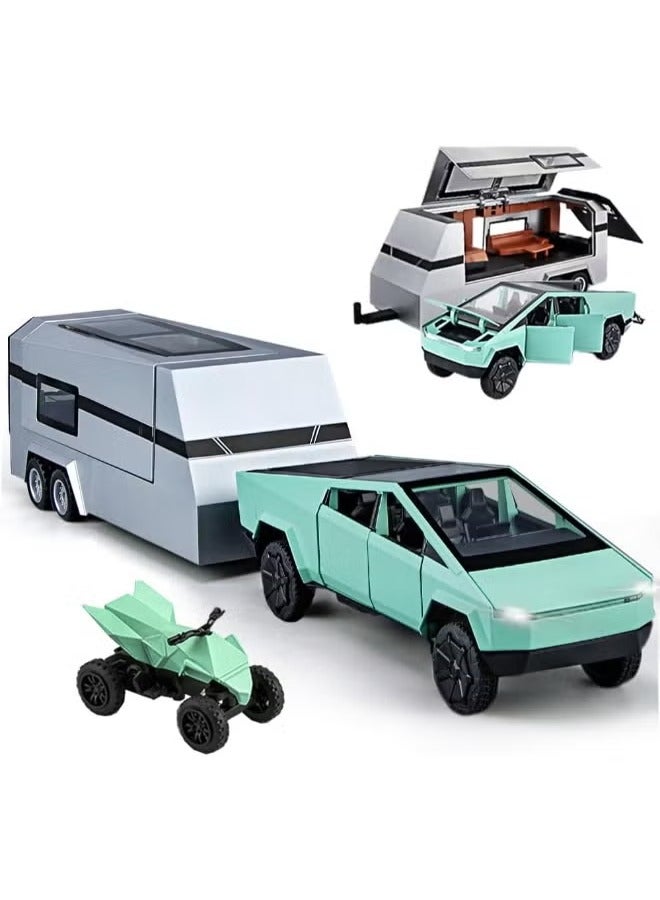 Tesla NEW REZZOSS  1/32 Pickup Truck and Trailer Toys with Light and Pull Back, Alloy Diecast Pickup Trailer RV Model Kit, Diecast Model Car Toy Truck and Trailer for Boys Adults as Birthday Gifts - Image 1
