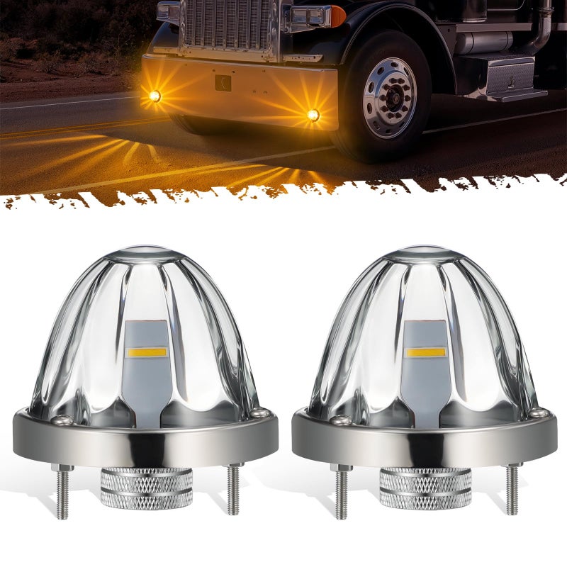 Partsam 2Pcs Glass Watermelon Lights Patented Clear Lens Amber LED Side Marker Turn Signal Lights with Bezel Replacement for Kenworth Peterbilt Freightliner Trucks