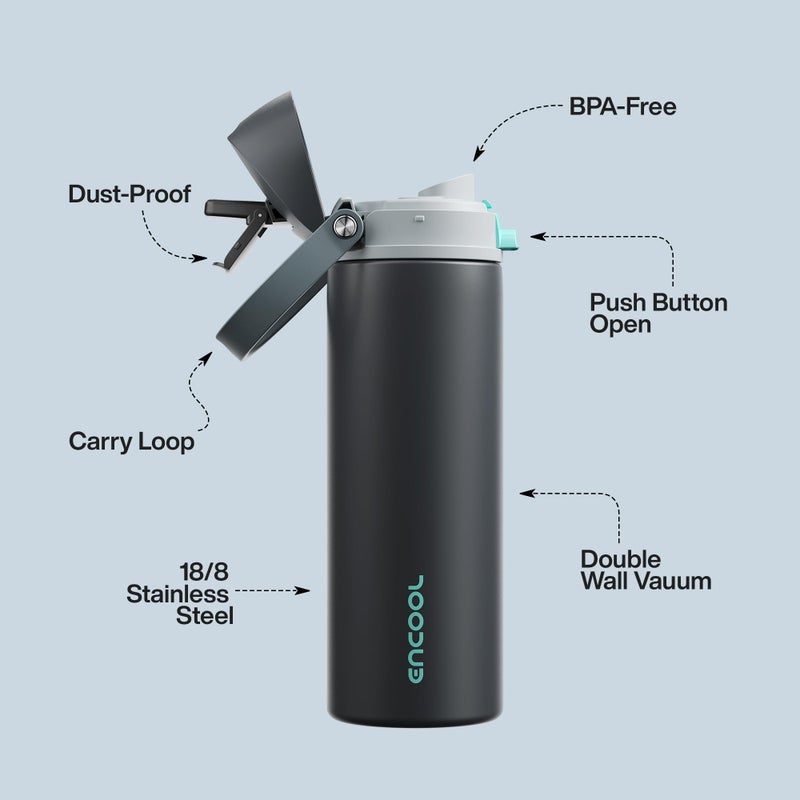 ENCOOL Insulated Water Bottle with Straw - Encool Stainless Steel Water Bottle with Push Button Lid, Leak-Proof & BPA-Free, Keeps Cold for 24 Hours for Sports, Travel, Gym (24 oz, Tuna Grey-Green) - Image 4