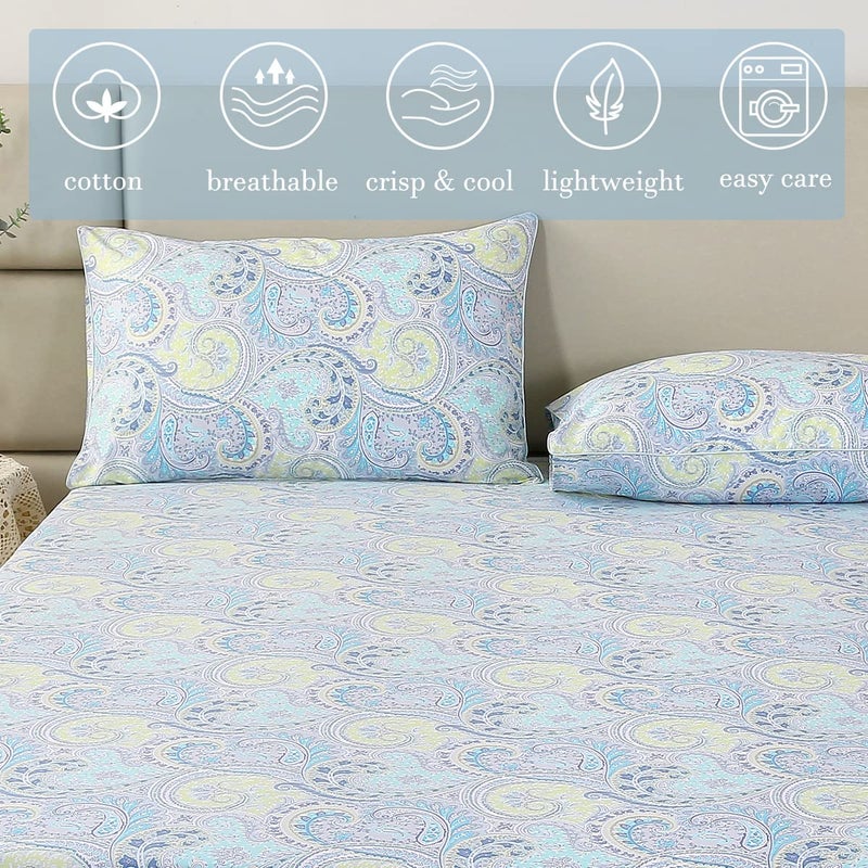 Urbonur Paisley Sheets Set Queen Size 4Pcs Bohemian Paisley Bedding Sheets Collection Luxury 100% Cotton Sheets Set Silky Smooth & Crisp Bed Linen Set (4Pcs  Blue Paisley) - Image 4