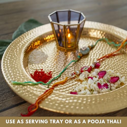 Behoma Aluminium Round Shape Hammered Thali for Mandap, Haldi, Mehendi, Wedding Reception & Entrance Decoration | Centre Table Ramadan Dcor | Durga Puja Dcor Tray Golden, Dia- 14" inch - Image 3