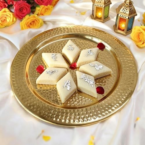 Behoma Aluminium Round Shape Hammered Thali for Mandap, Haldi, Mehendi, Wedding Reception & Entrance Decoration | Centre Table Ramadan Dcor | Durga Puja Dcor Tray Golden, Dia- 14" inch - Image 1