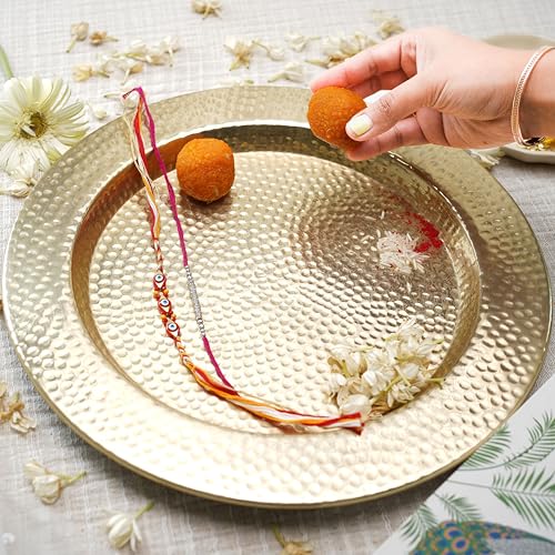 Behoma Aluminium Round Shape Hammered Thali for Mandap, Haldi, Mehendi, Wedding Reception & Entrance Decoration | Centre Table Ramadan Dcor | Durga Puja Dcor Tray Golden, Dia- 14" inch - Image 5