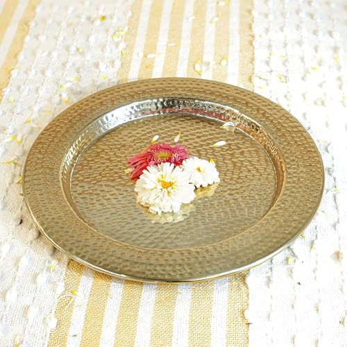 Behoma Aluminium Round Shape Hammered Thali for Mandap, Haldi, Mehendi, Wedding Reception & Entrance Decoration | Centre Table Ramadan Dcor | Durga Puja Dcor Tray Golden, Dia- 14" inch - Image 2