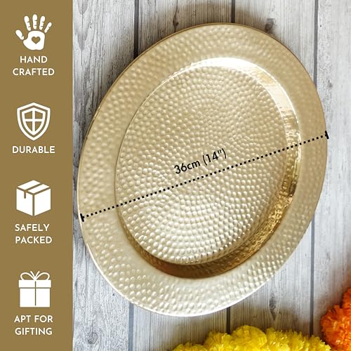 Behoma Aluminium Round Shape Hammered Thali for Mandap, Haldi, Mehendi, Wedding Reception & Entrance Decoration | Centre Table Ramadan Dcor | Durga Puja Dcor Tray Golden, Dia- 14" inch - Image 4